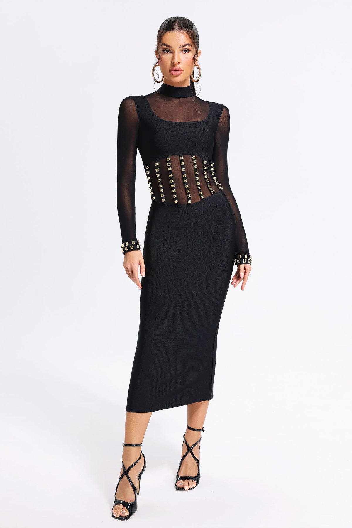 Robe Midi Noire – Col Turtleneck Mesh & Corset Doré | Soirée Edgy Luxe