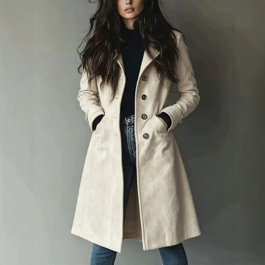 Women’s Suede Lapel Trench Coat – Mid-Length Fall & Winter Belted Jacket