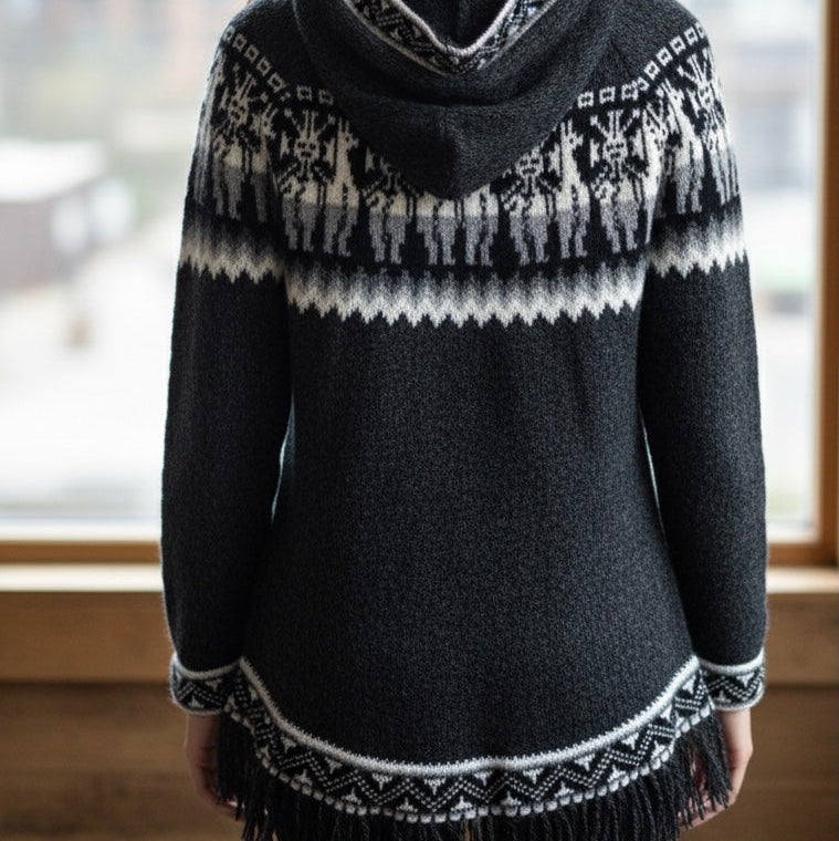 Chandail Tricoté à Capuche Motif Alpaga – Noir