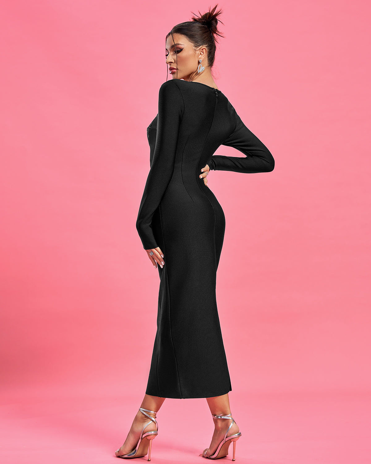 Robe Midi Bandage Noire Manches Longues – Bustier Strass Cristal & Épaulettes | Gala