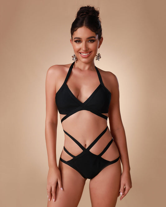 Bikini Noir Luxe – Haut Triangle Halter & Lanières Croisées Taille | Plage Édito