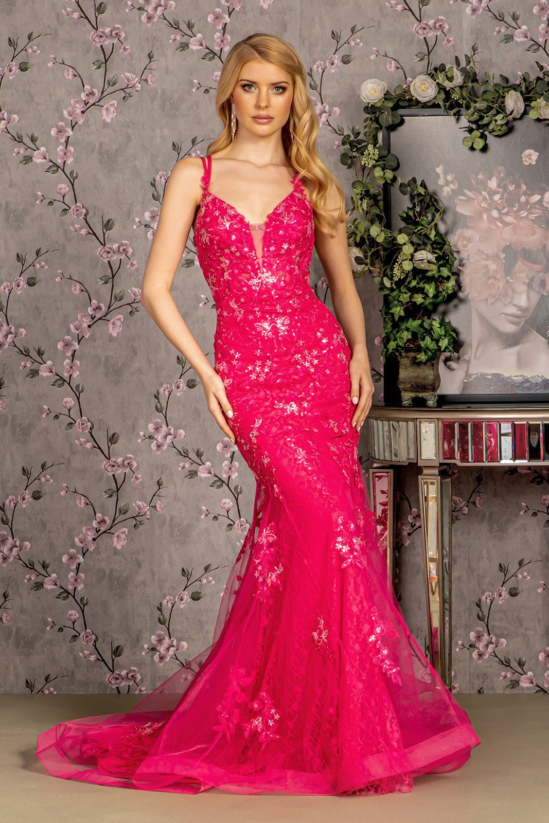 Floral Embroidery Sequin Sheer Bodice Mesh Mermaid