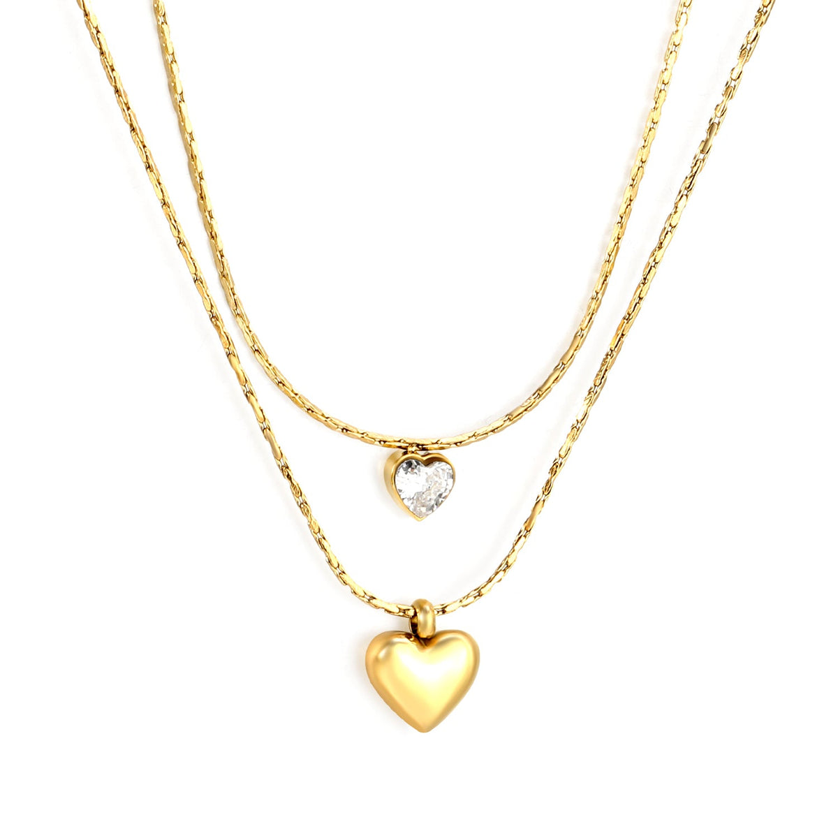 Double Collier Doré – Pendentifs Cœur Cristal & Or