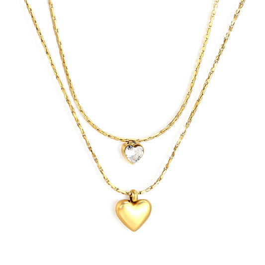 Double Collier Doré – Pendentifs Cœur Cristal & Or