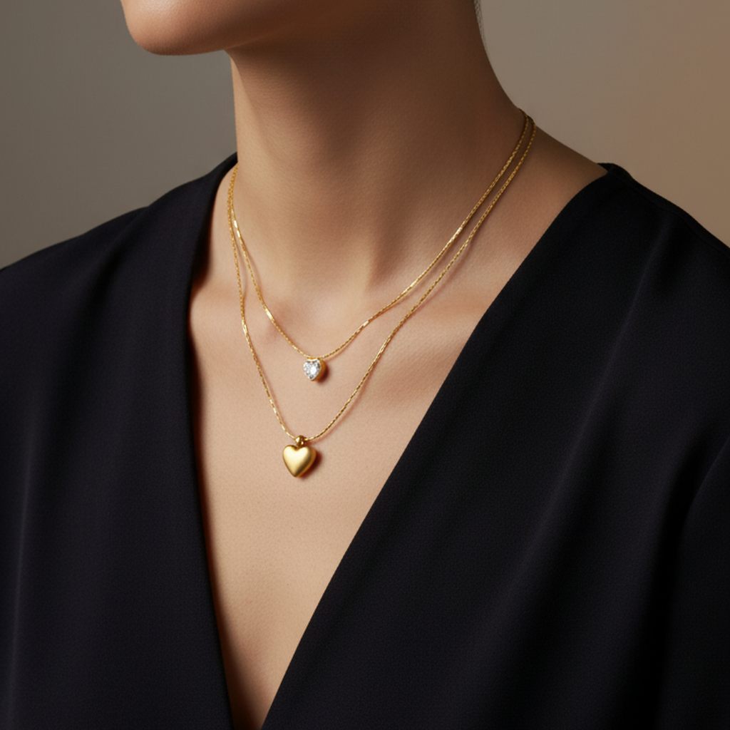 Double Collier Doré – Pendentifs Cœur Cristal & Or