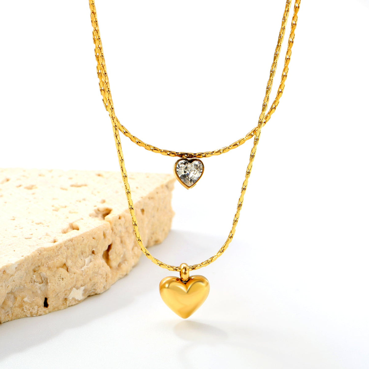 Double Collier Doré – Pendentifs Cœur Cristal & Or