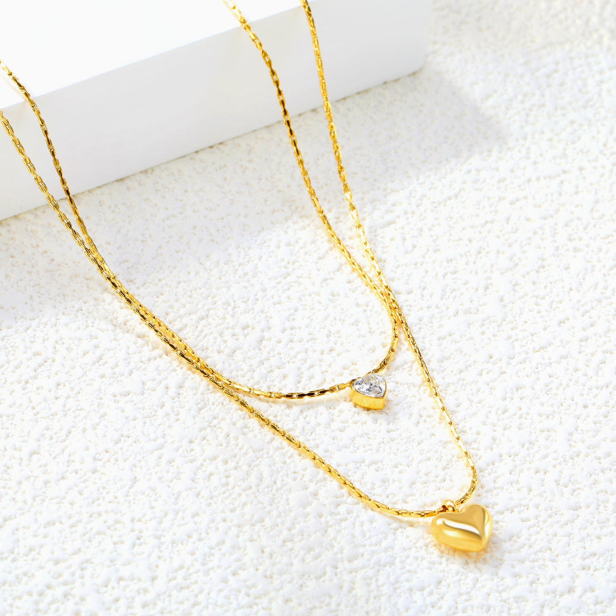 Double Collier Doré – Pendentifs Cœur Cristal & Or