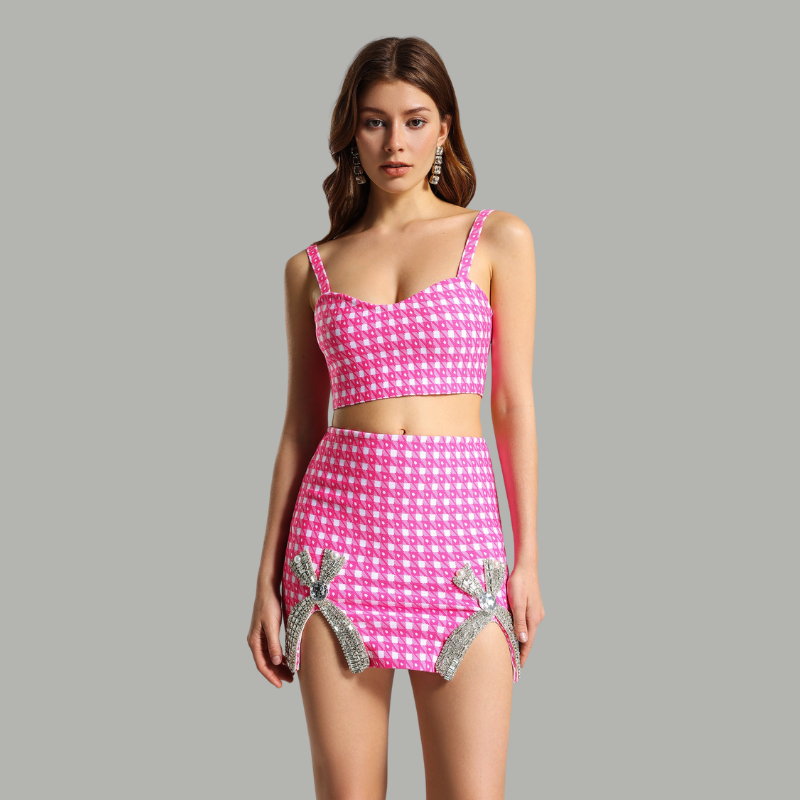 Ensemble Deux Pièces Rose Fuchsia Pied-de-Poule – Crop Top Corset & Mini Jupe | Y2K Luxe