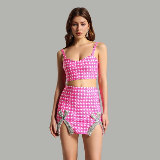 Ensemble Deux Pièces Rose Fuchsia Pied-de-Poule – Crop Top Corset & Mini Jupe | Y2K Luxe