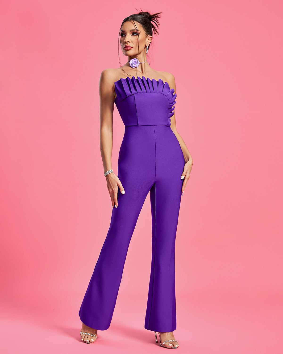 Combinaison Bustier Violet Royal – Pantalon Flare & Dos Nu | Soirée Chic