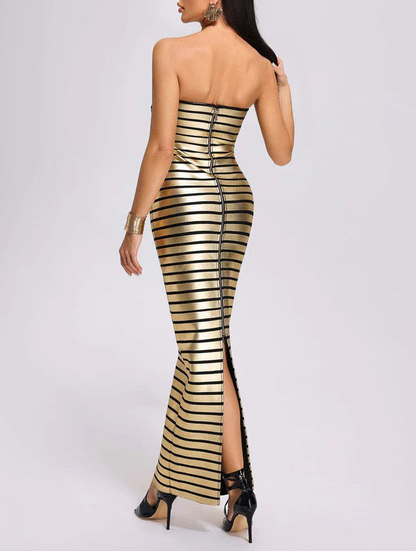 Robe Longue Tube Bustier – Rayures Dorées & Noires Métalliques | Soirée Luxe