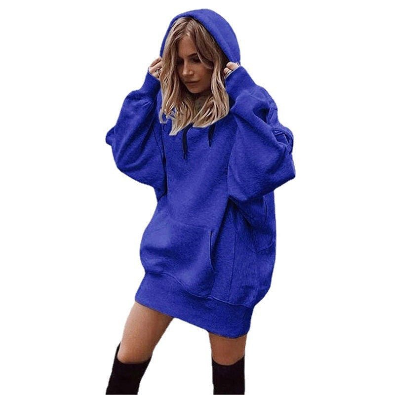 Women’s Solid Color Fleece Hoodie – Loose-Fit Pullover Hooded Sweatshirt