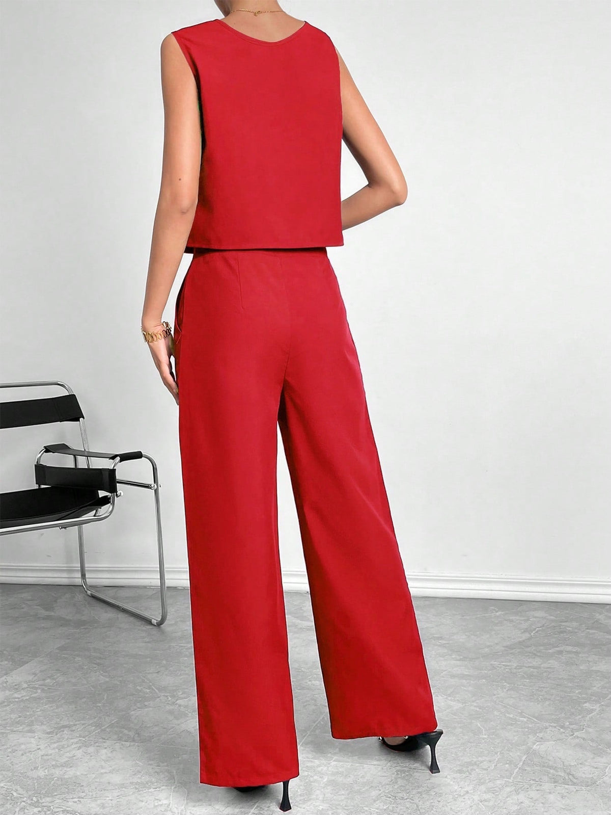 Women's Sleeveless Round Neck Crop Top & Wide Leg Pants Two-Piece Set – Casual Solid Color Office Wear Outfit