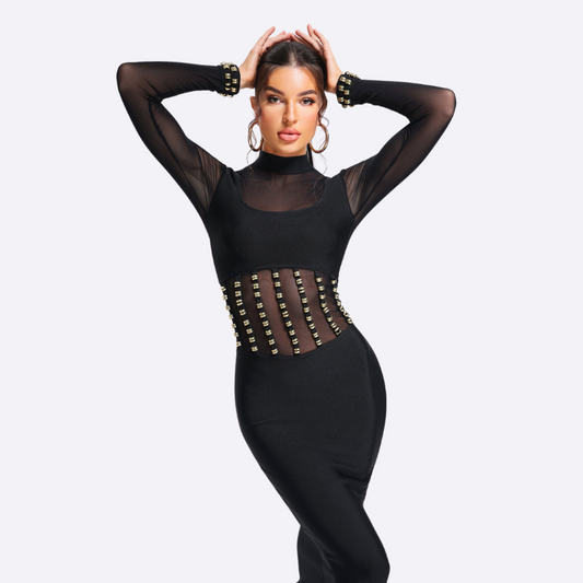 Robe Midi Noire – Col Turtleneck Mesh & Corset Doré | Soirée Edgy Luxe
