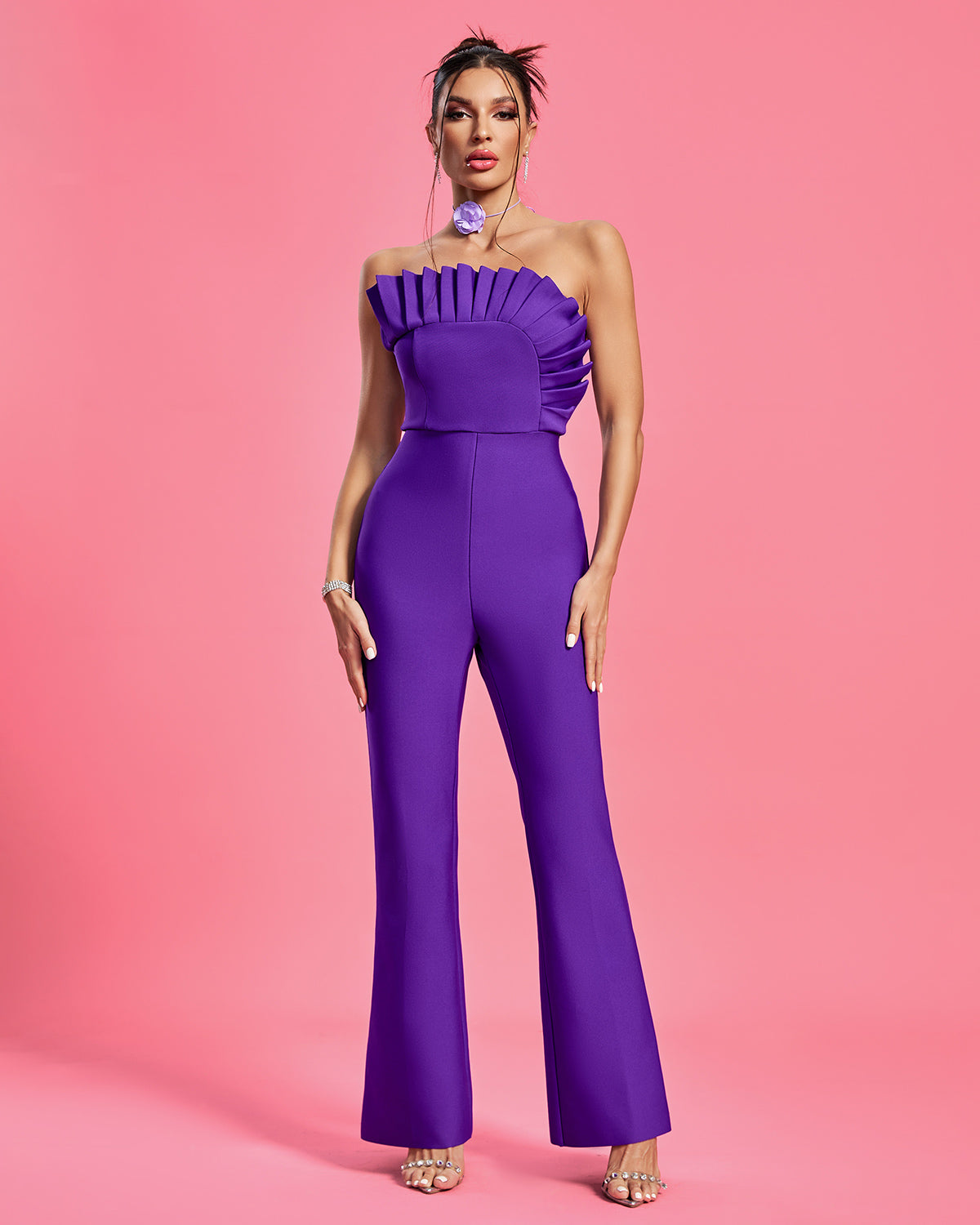 Combinaison Bustier Violet Royal – Pantalon Flare & Dos Nu | Soirée Chic