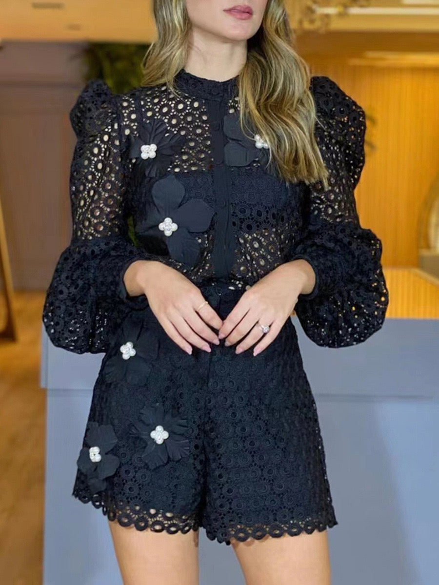 Ensemble Deux Pièces Noir Dentelle Ajourée – Veste Manches Lanterne & Short | Luxe