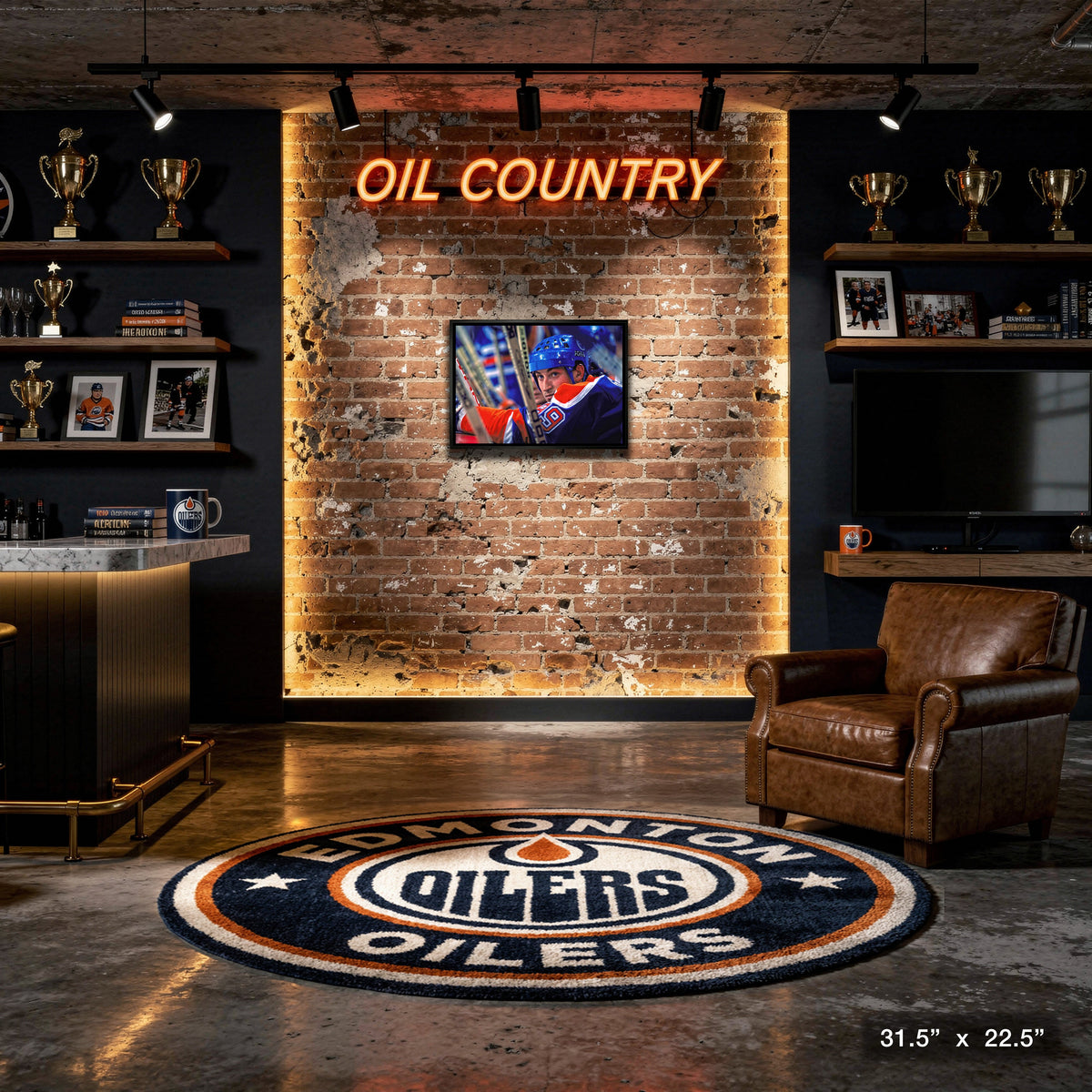 Tapis Rond Edmonton Oilers – Logo Officiel Navy & Orange | Man Cave Fan NHL