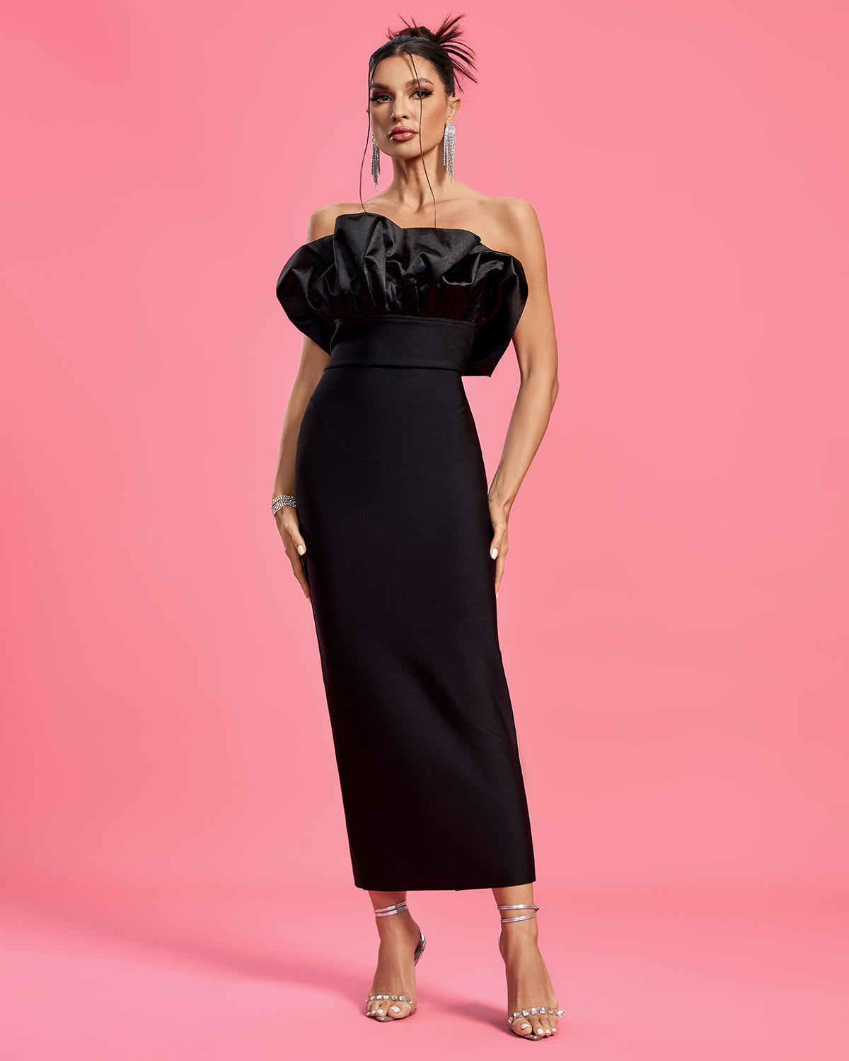Robe Midi Bustier Noire – Volant Bouffant Satiné & Fourreau | Gala Soirée Luxe