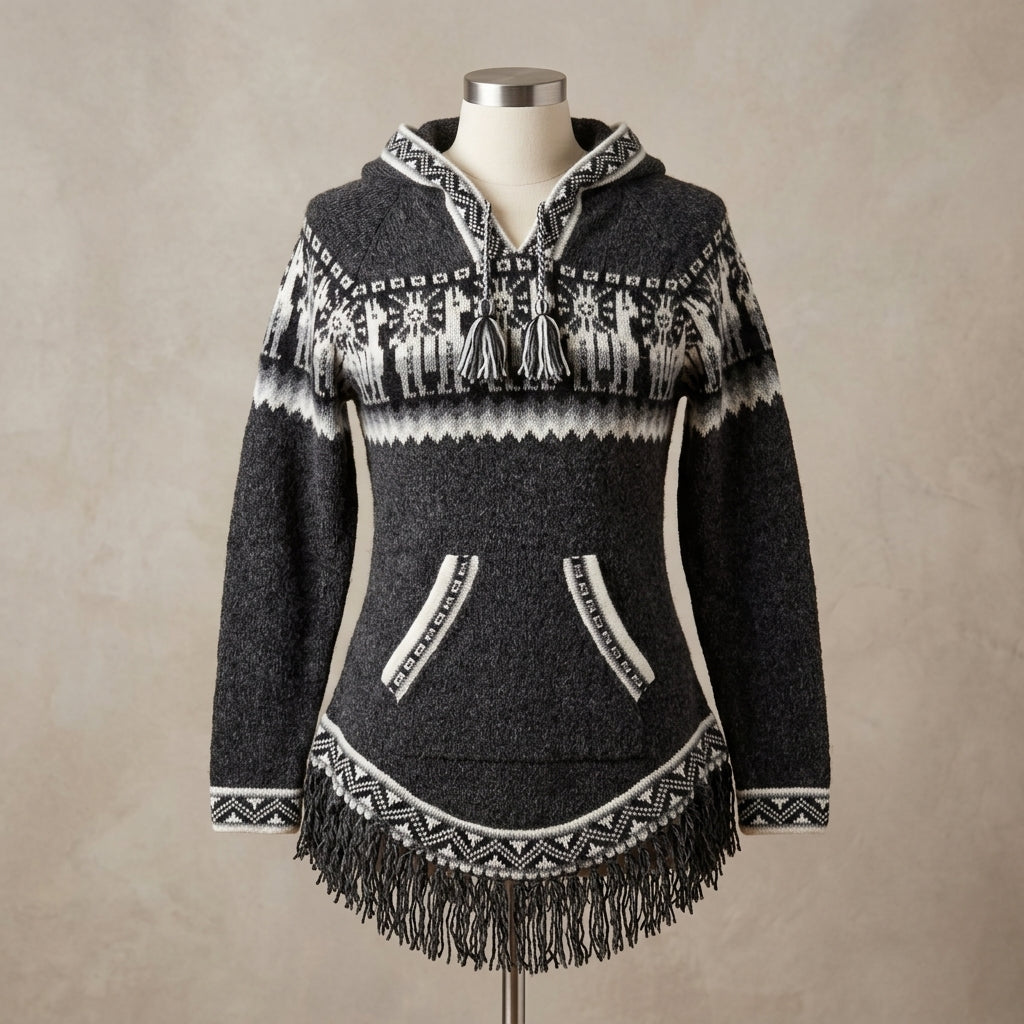 Chandail Tricoté à Capuche Motif Alpaga – Noir