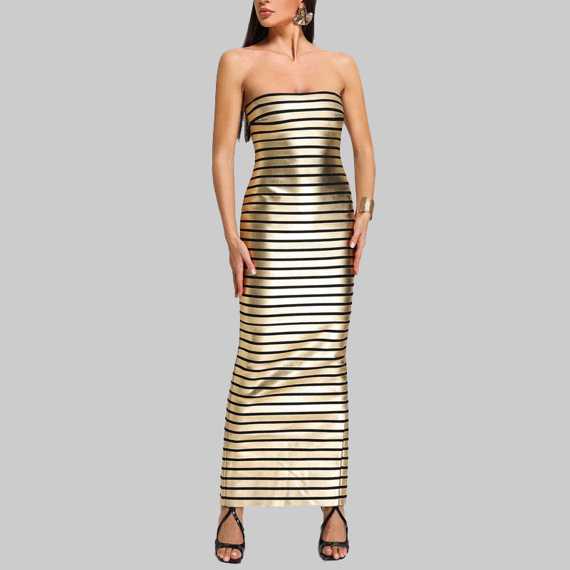 Robe Longue Tube Bustier – Rayures Dorées & Noires Métalliques | Soirée Luxe