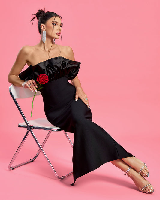 Robe Midi Bustier Noire – Volant Bouffant Satiné & Fourreau | Gala Soirée Luxe