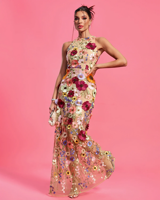 Robe Longue Florale 3D – Tulle Nude & Appliqués Multicolores | Soirée Jardin