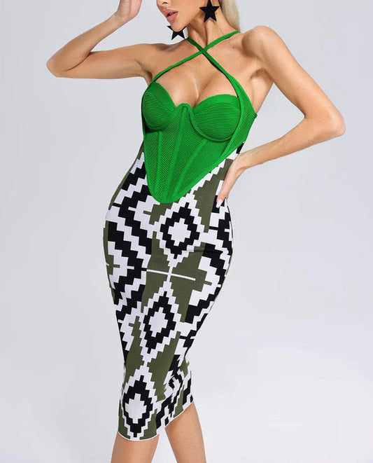 Robe Deux Pièces Halter Vert Émeraude – Corset & Jupe Midi Imprimé Aztèque | Chic