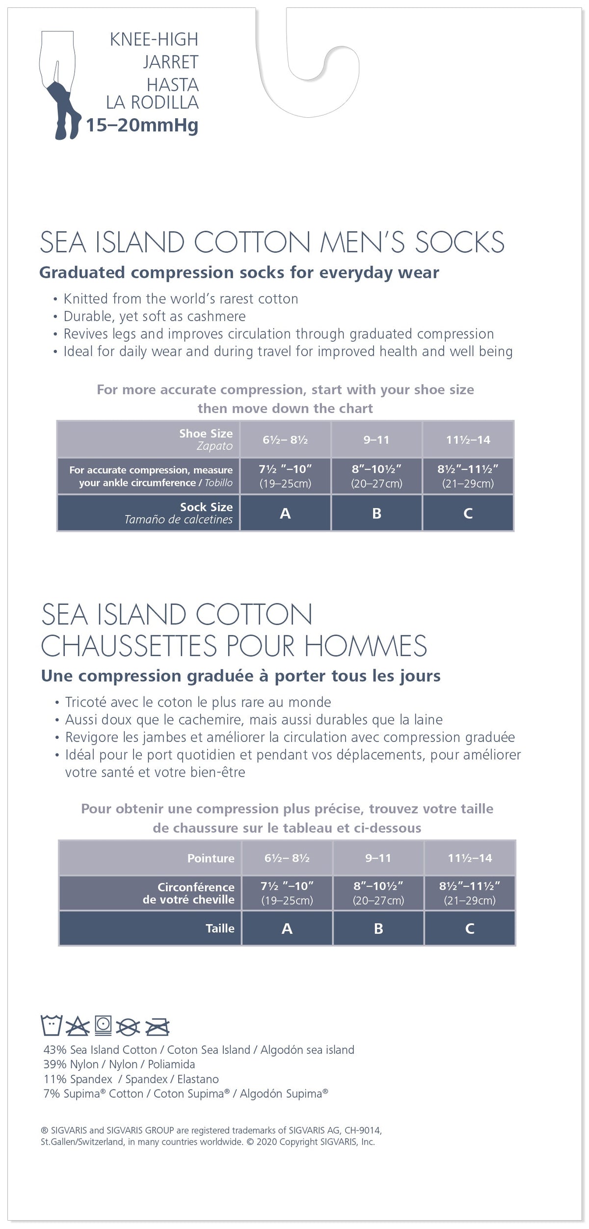 Sigvaris 190 Sea Island Cotton Compression Socks 15-20 mmHg Calf High for Men Closed Toe