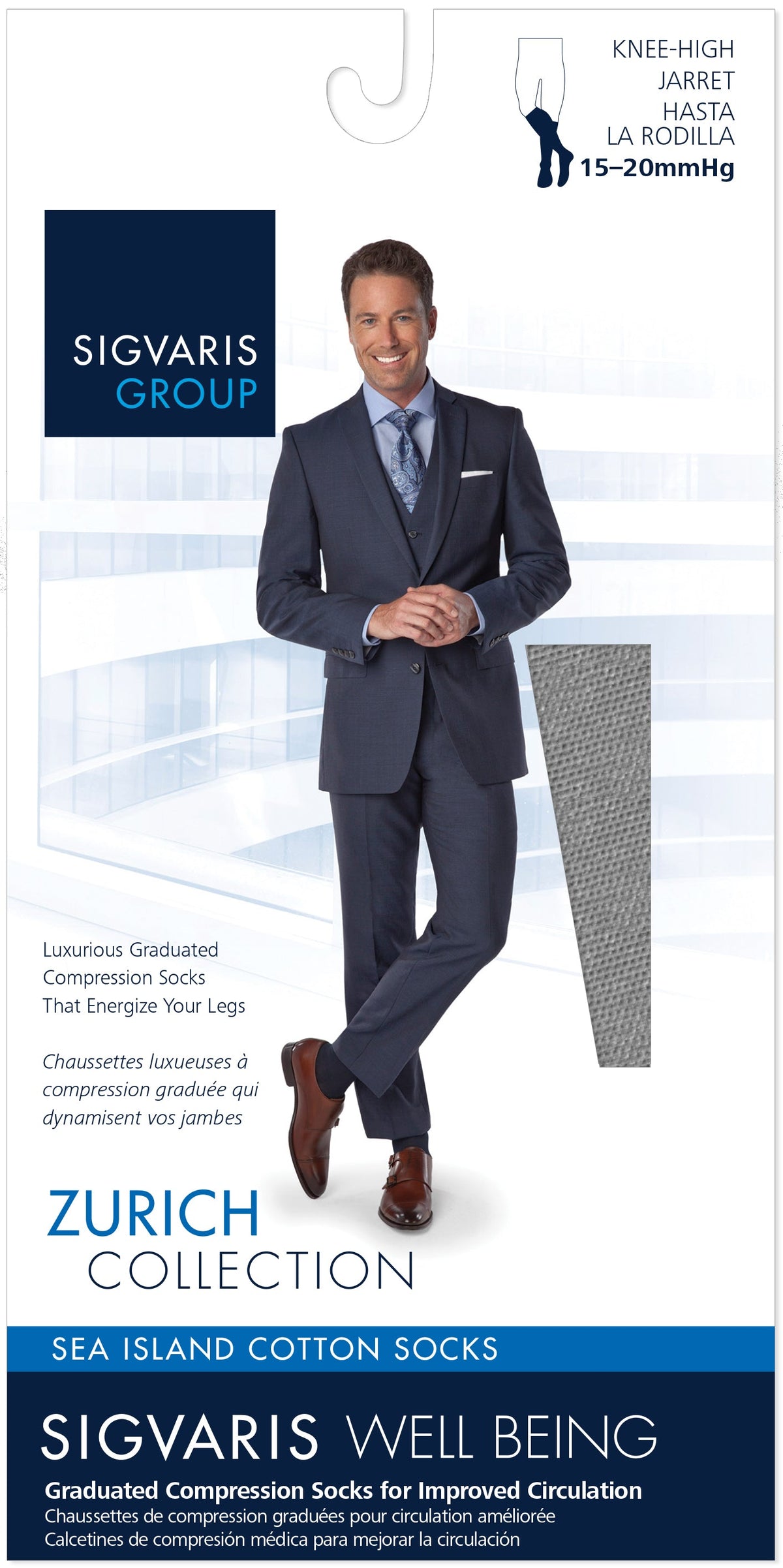 Sigvaris 190 Sea Island Cotton Compression Socks 15-20 mmHg Calf High for Men Closed Toe