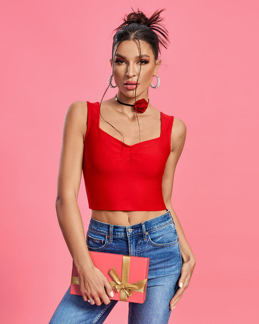 Crop Top Bandage Rouge – Décolleté Sweetheart & Bretelles Larges | Casual Luxe