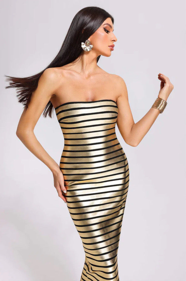 Robe Longue Tube Bustier – Rayures Dorées & Noires Métalliques | Soirée Luxe