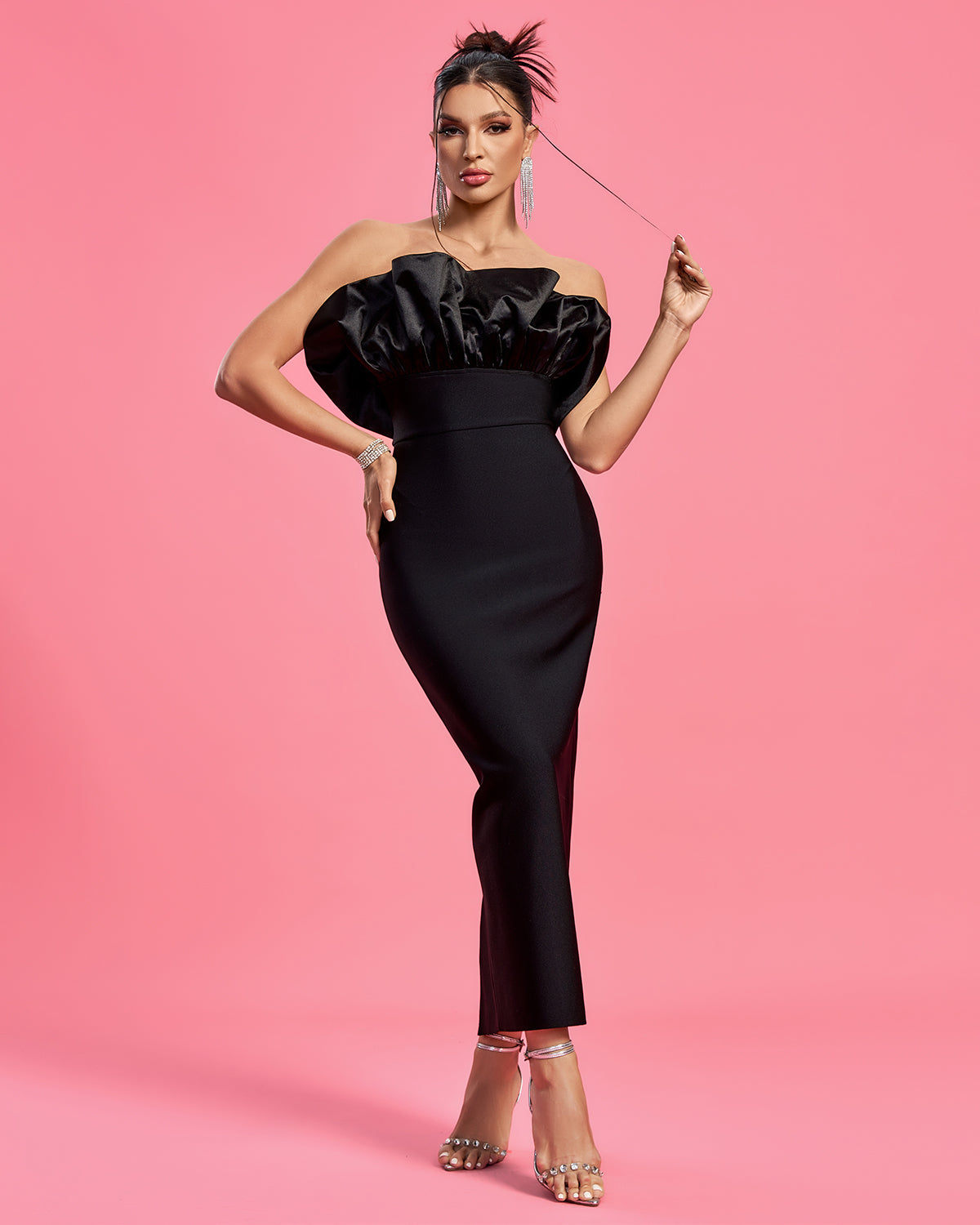 Robe Midi Bustier Noire – Volant Bouffant Satiné & Fourreau | Gala Soirée Luxe