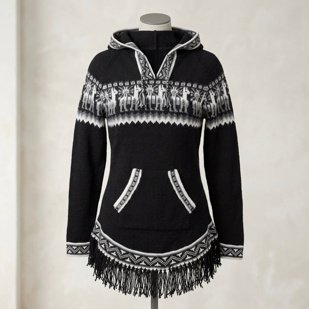 Chandail Tricoté à Capuche Motif Alpaga – Noir
