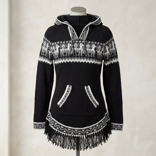Chandail Tricoté à Capuche Motif Alpaga – Noir