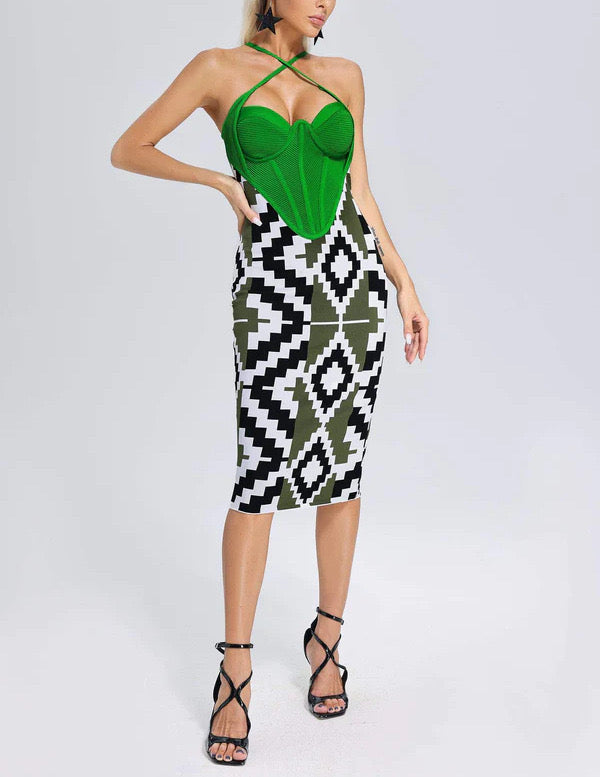 Robe Deux Pièces Halter Vert Émeraude – Corset & Jupe Midi Imprimé Aztèque | Chic