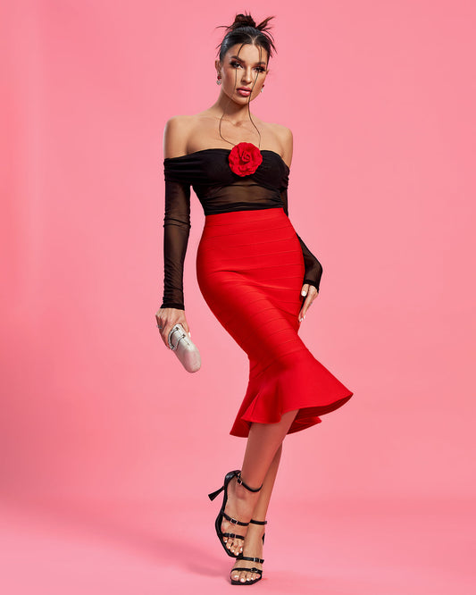 Ensemble Deux Pièces Côtelé Noir & Rouge – Crop Top & Mini Jupe Taille Haute | Chic