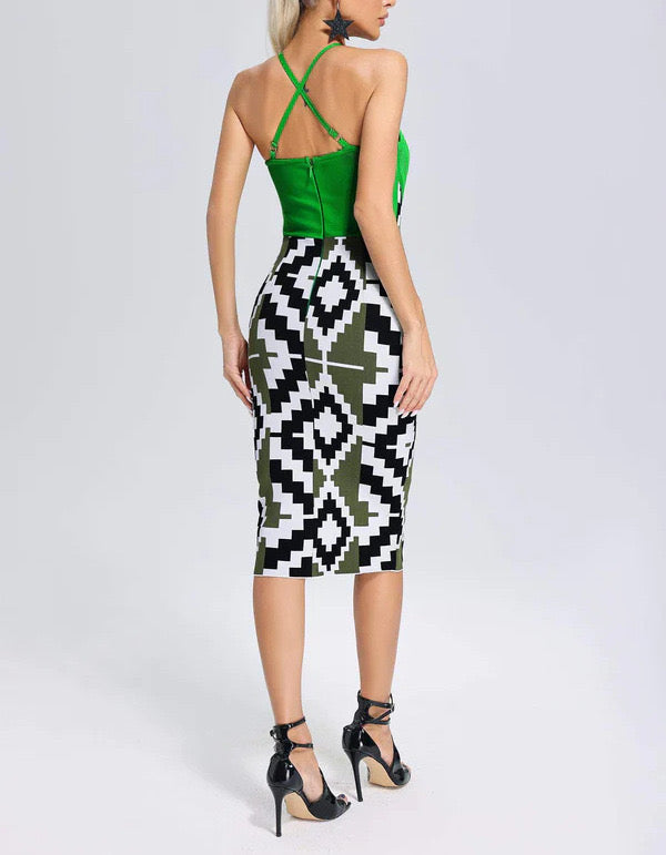 Robe Deux Pièces Halter Vert Émeraude – Corset & Jupe Midi Imprimé Aztèque | Chic