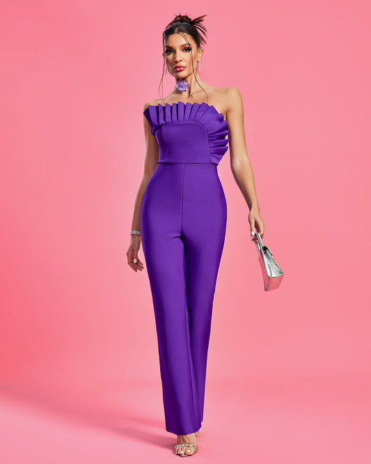 Combinaison Bustier Violet Royal – Pantalon Flare & Dos Nu | Soirée Chic