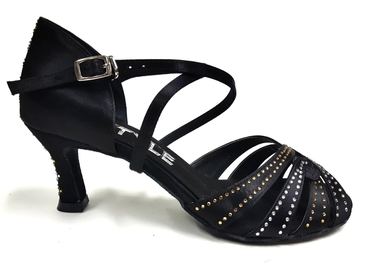 Chaussures de Danse Latine Noires — Strass Cristal & Talon 2.5" | Salsa Bachata