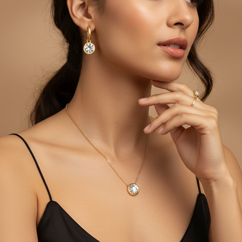 Parure Bijoux Dorée – Collier, Boucles d'Oreilles & Bague Cristal